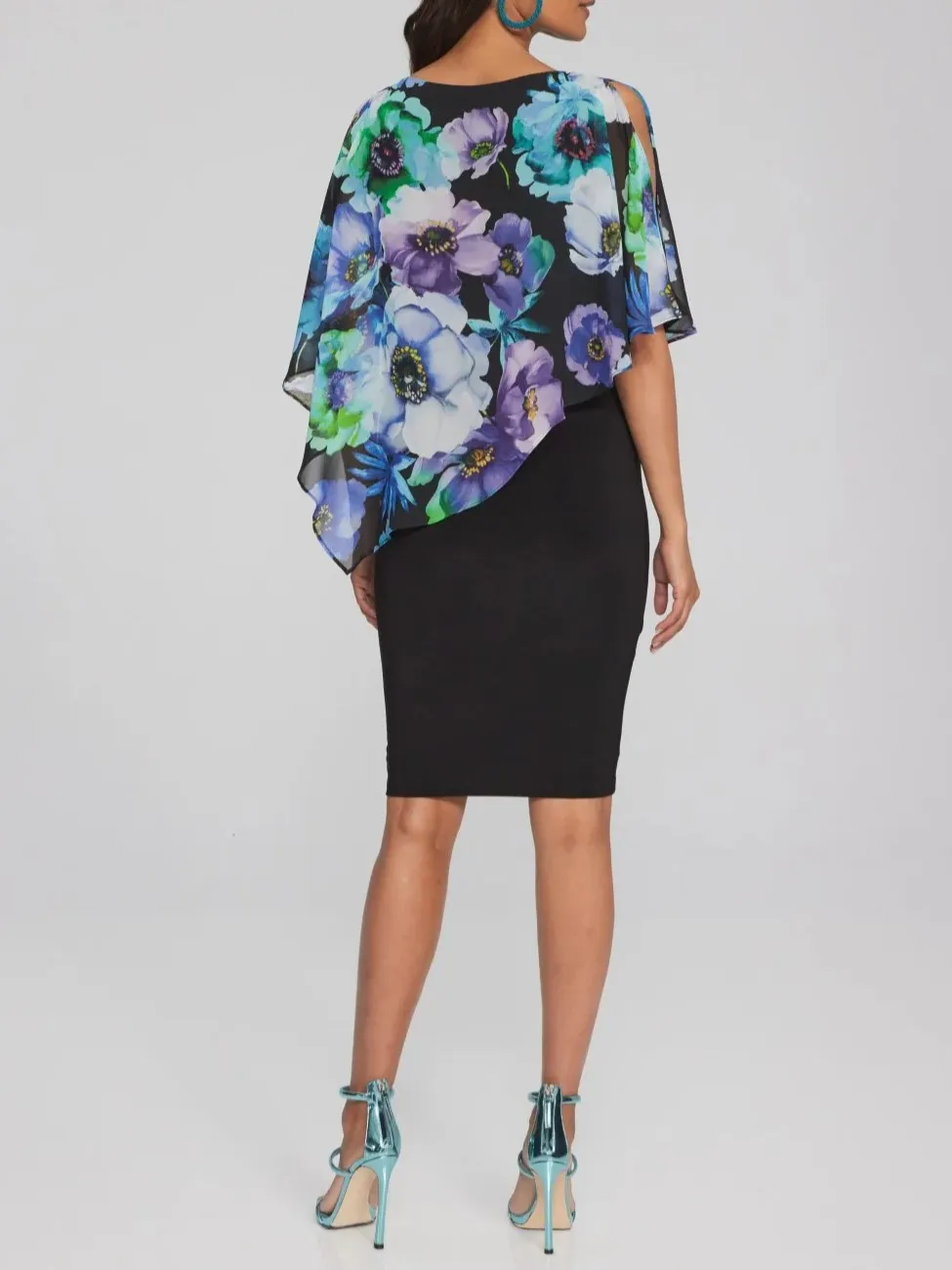 Black Multi - Floral Cape - Sleeve Dress