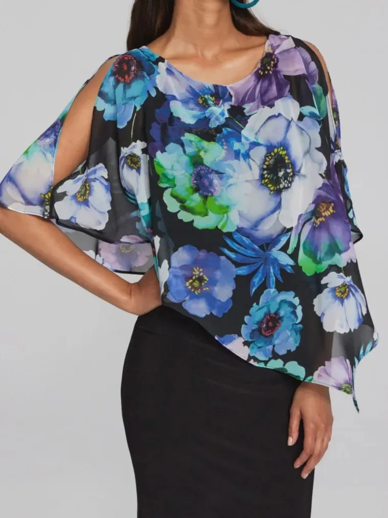 Black Multi - Floral Cape - Sleeve Dress