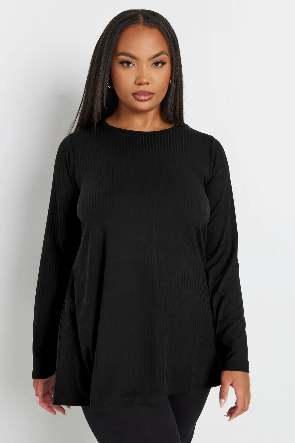 YOURS Curve Black Long Sleeve Ribbed Swing Top