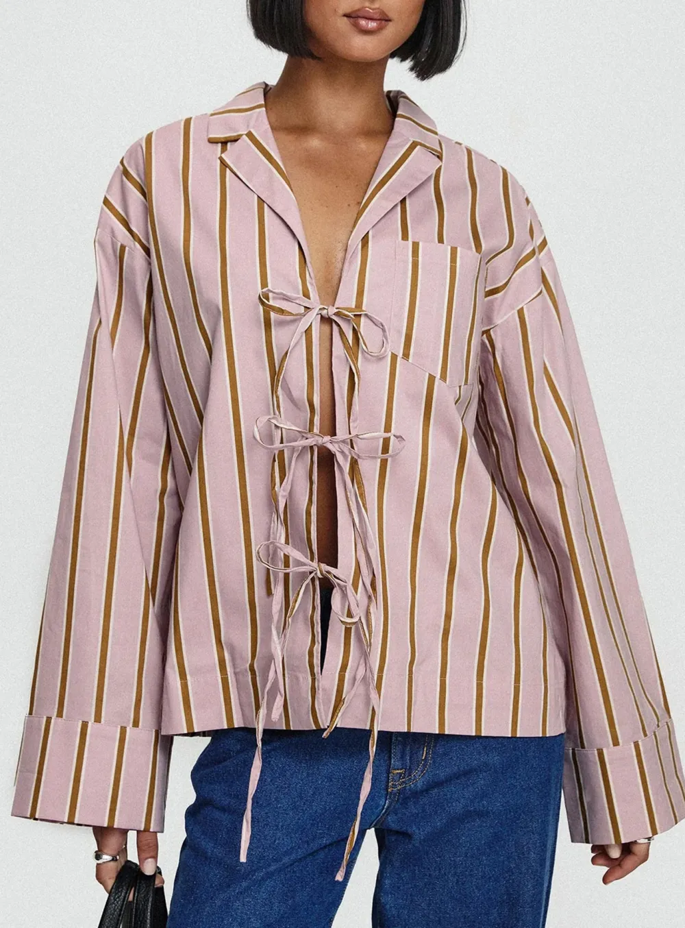 White Mandarin Collar Tie Front Shirt