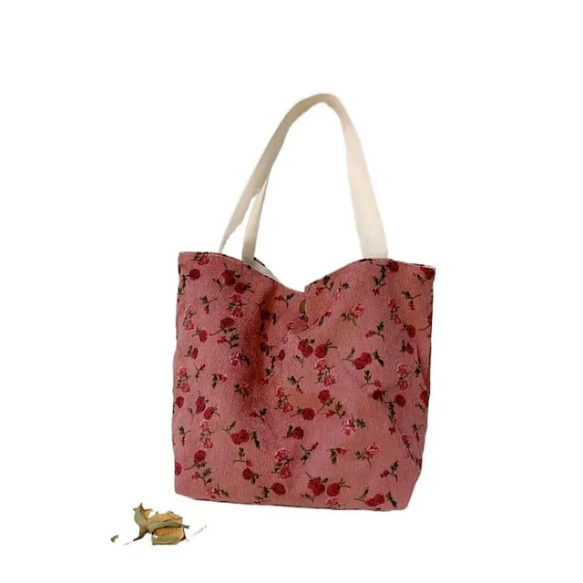 Women's Tote Tote Canvas Tote Bag Corduroy Shopping Daily Print Flower small green flowers Corduroy Blue Daisy Portable Corduroy Red Rose Portable