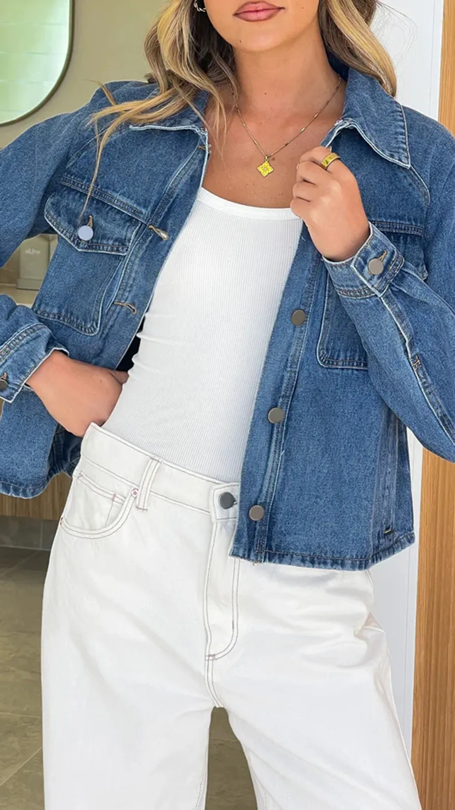 Distressed Cotton Denim Jacket With Lapel