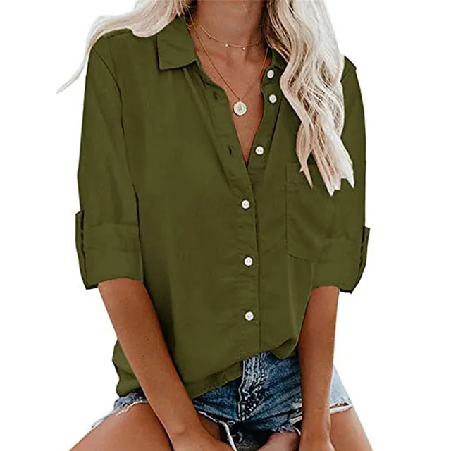 Women's Shirt Blouse Black White Wine Plain Long Sleeve Work Daily Basic Business Elegant Shirt Collar Regular Cotton Loose Fit S