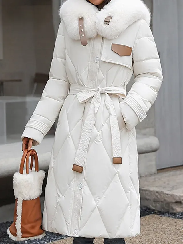 Women's Parka Warm Long Puffer Jacket Zipper with Fur Collar Hood Winter Outdoor Street Daily Wear with Pocket Vacation Modern Casual Plain Regular Fit Outerwear Long Sleeve Fall Black White Khaki