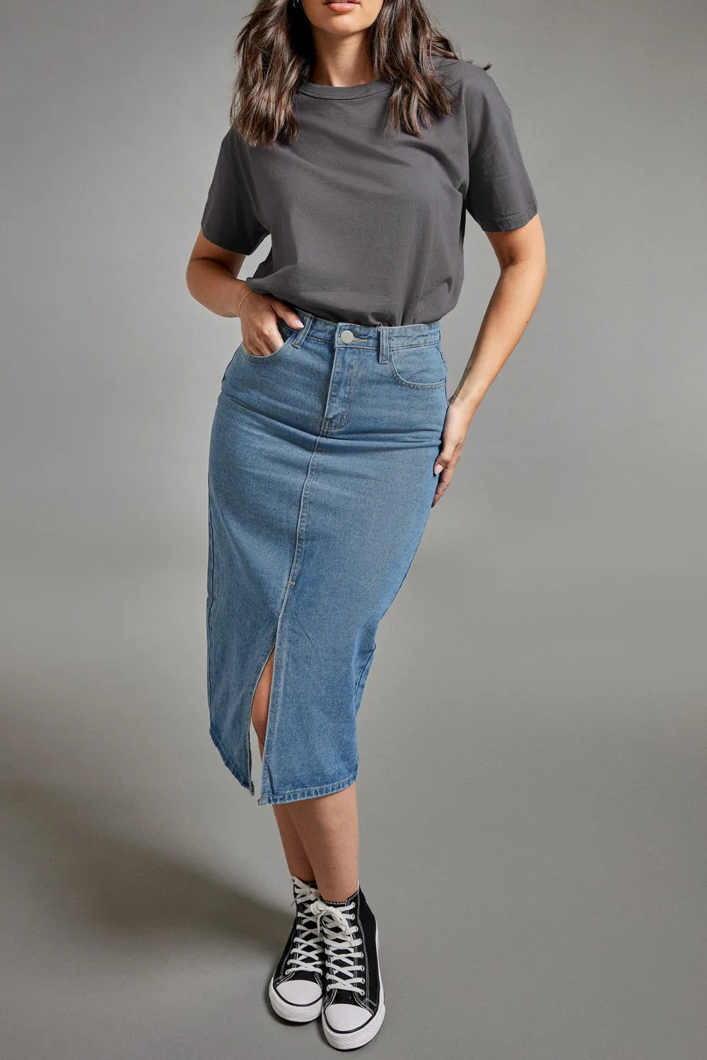 Slit High Rise Denim Skirt