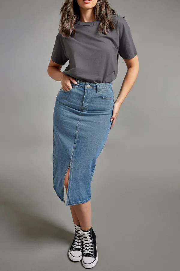 Slit High Rise Denim Skirt