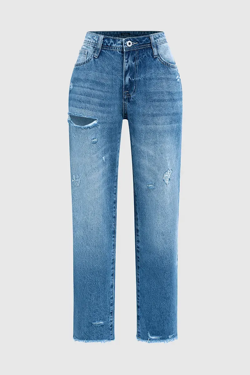 Ripped Raw Hem Zip Fly Mid Rise Straight Leg Jeans