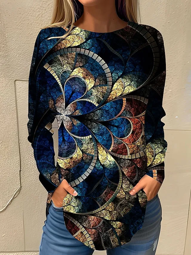 Women's T shirt Tee White Pink Red Floral Print Long Sleeve Holiday Weekend Basic Round Neck Regular Fit Floral Painting Fall & Winter