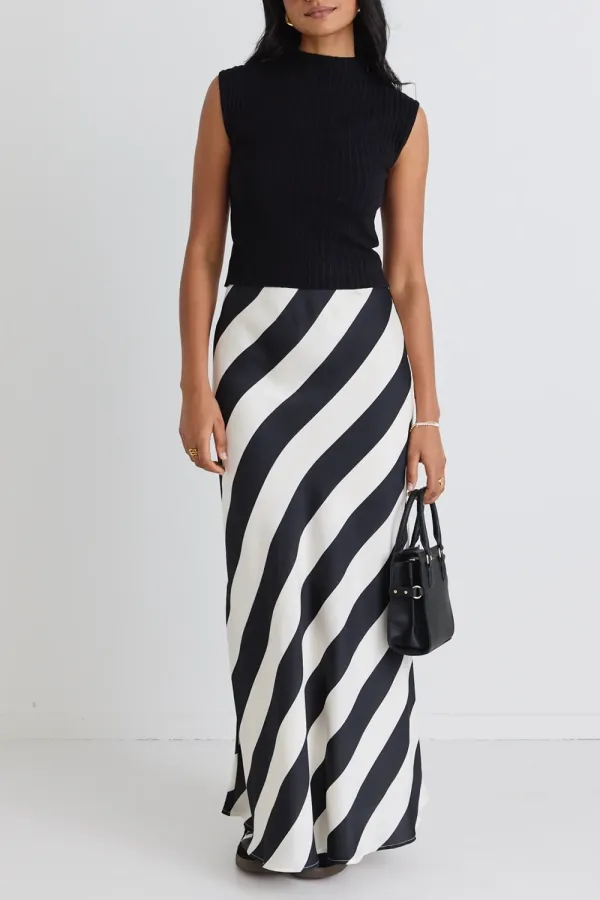 Black Stripe Satin Maxi Skirt
