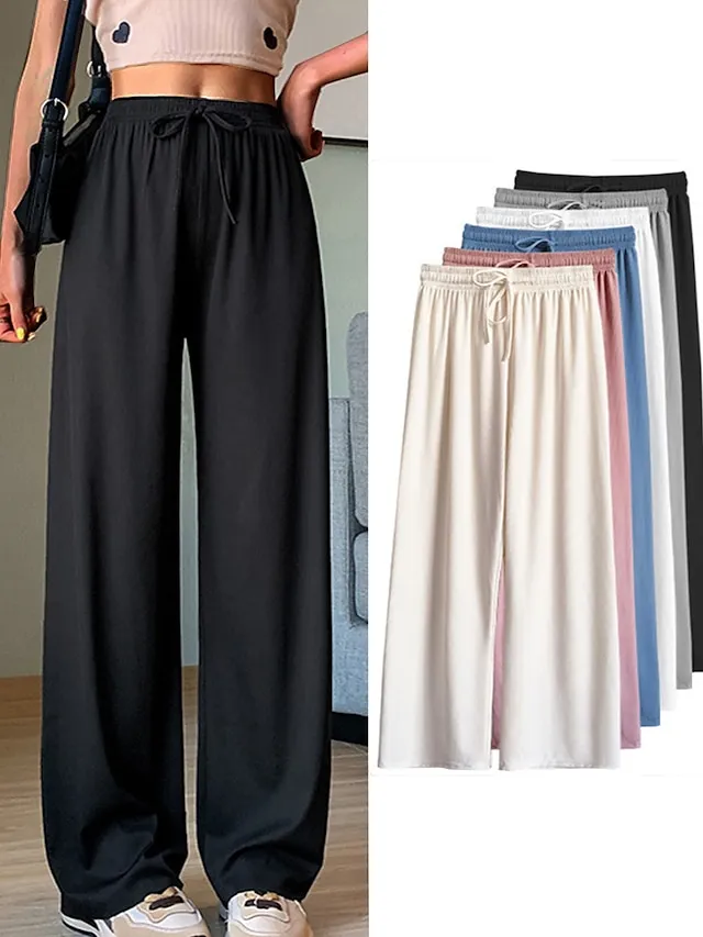 Women's Wide Leg Chinos Pants Trousers Full Length Baggy Micro-elastic Mid Waist Streetwear Lightweight Outdoor Causal Black Pink S M Summer Spring