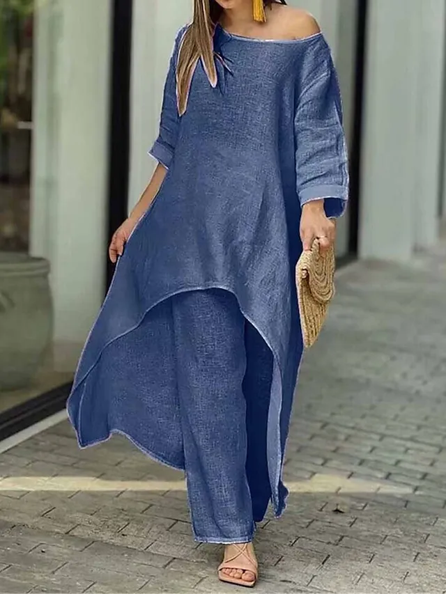 Women's Loungewear Sets Pure Color Fashion Simple Casual Street Date Airport Polyester Breathable Crew Neck Long Sleeve Pant Summer Spring White Yellow