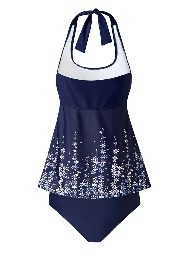 Simple Floral Printing Halter Swimdress Two-Piece Set