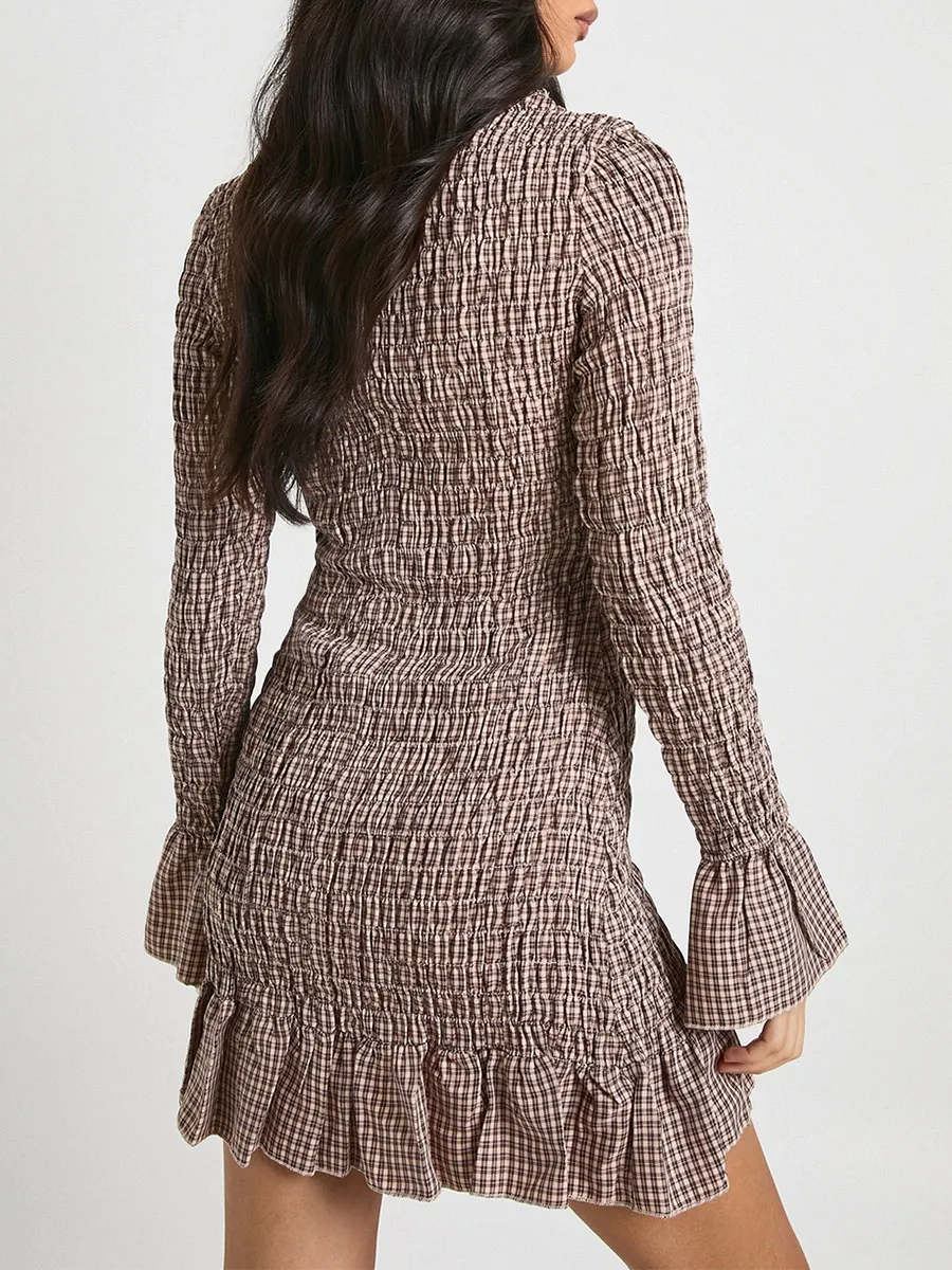 Women's Brown Plaid Ruched Ruffle Dress