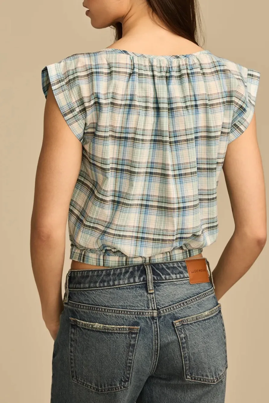 Blue Plaid Sleeveless Buttondown Blouse