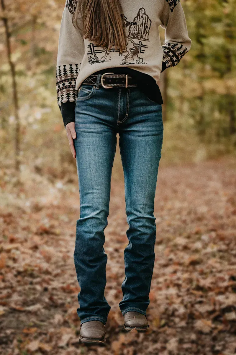 Embroidery High Rise Bootcut Jeans Without Belt