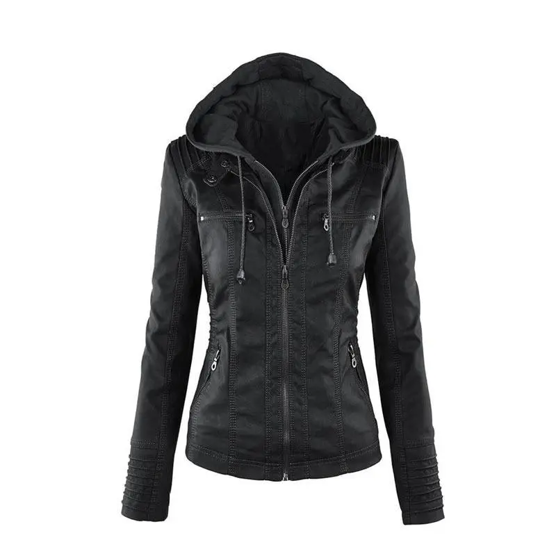 Women's Removable Hooded Faux Leather Jackets