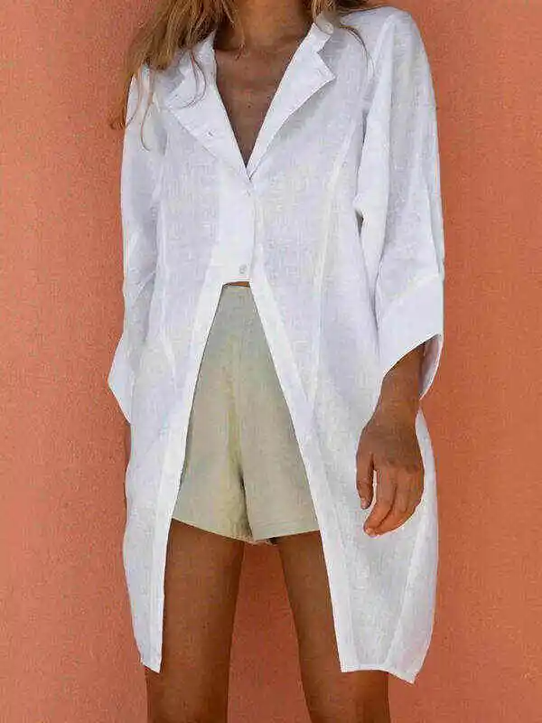 Casual Long Sleeves Split-Front Solid Color Notched Collar Blouses