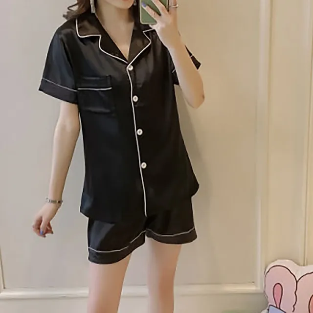 Women's Pajamas Sets Nighty Pjs 2 Pieces Pure Color Fashion Simple Comfort Home Daily Bed Satin Breathable Lapel Short Sleeve Shorts Elastic Waist Spring Summer Green Blue / Silk