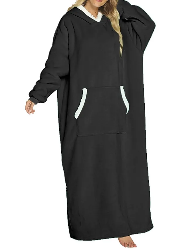 Women's Wearable Blanket Hoodie Blanket Pajama Loungewear Pure Color Warm Plush Casual Home Daily Bed Flannel Warm Breathable Hoodie Long Sleeve Pocket Fall Winter Lake blue Black