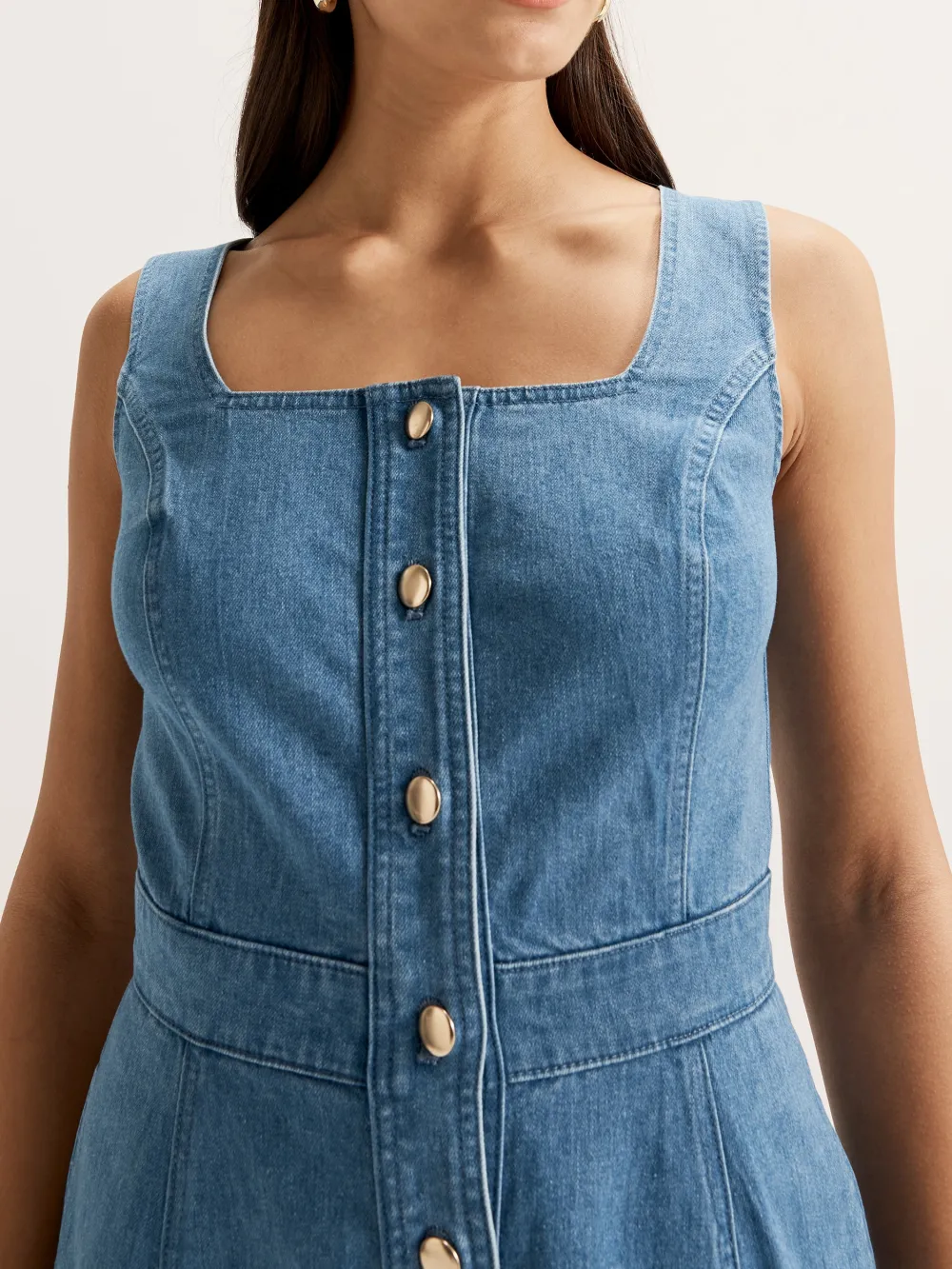 Button Detail Pockets Denim Dresses