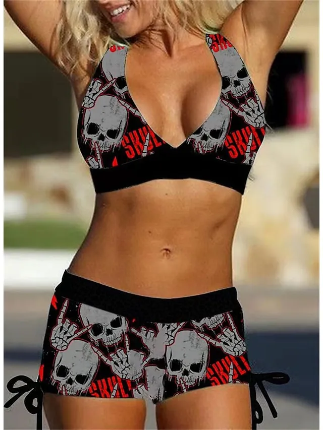 Women's Swimwear Bikini 2 Piece Plus Size Swimsuit Open Back Printing Leopard Skull White Blue Purple Red V Wire Bathing Suits New Vacation Holiday / Modern / Letter / Flower / Padded Bras