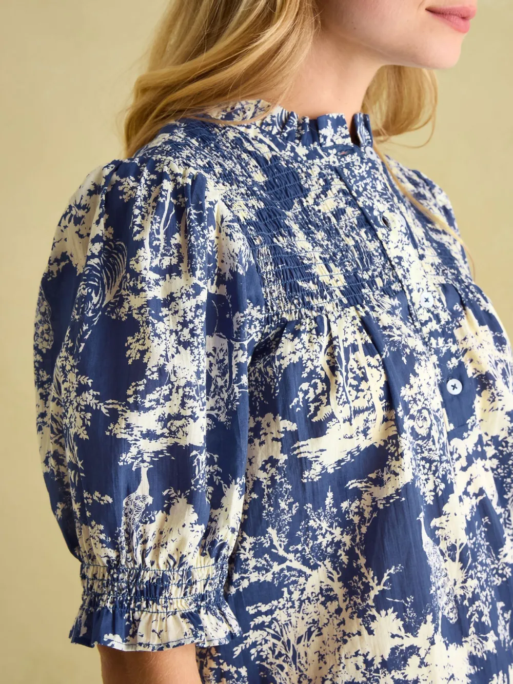 Blue Frill Neck Smocked Blouse