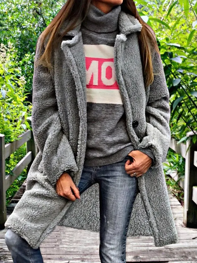 Casual Long sleeve Loose Plain Teddy Jacket