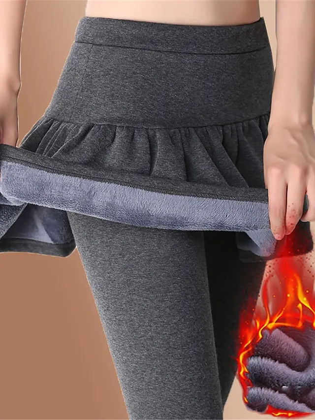 Women‘s Fleece Lined Skort Skirt and Leggings Warm Full Length Fashion Streetwear Street Daily Ash Black S M Fall Winter