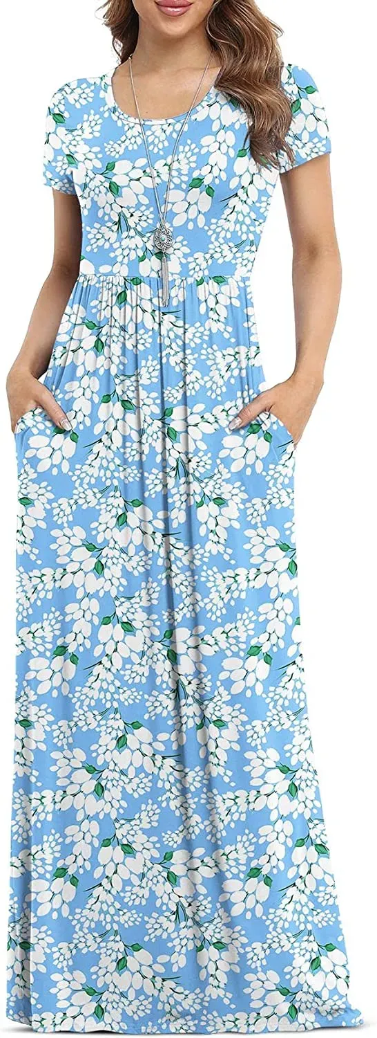 Women's Short Sleeve Loose Plain Maxi Dresses Casual Long Dresses with Pockets