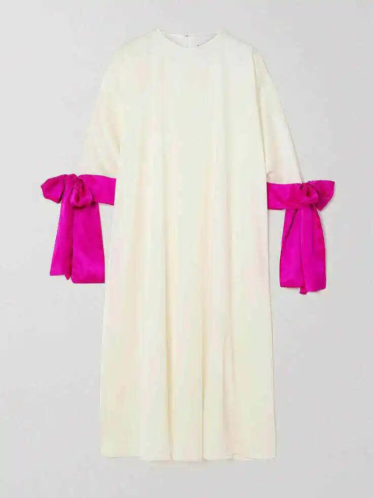 Loose Seven-Quarter Sleeves Contrast Color Round-Neck Midi Dresses