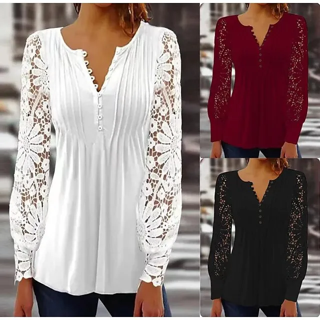 Women's Shirt Blouse Black White Red Plain Lace Patchwork Long Sleeve Casual Vintage Fashion Basic V Neck Regular Fit Spring Fall