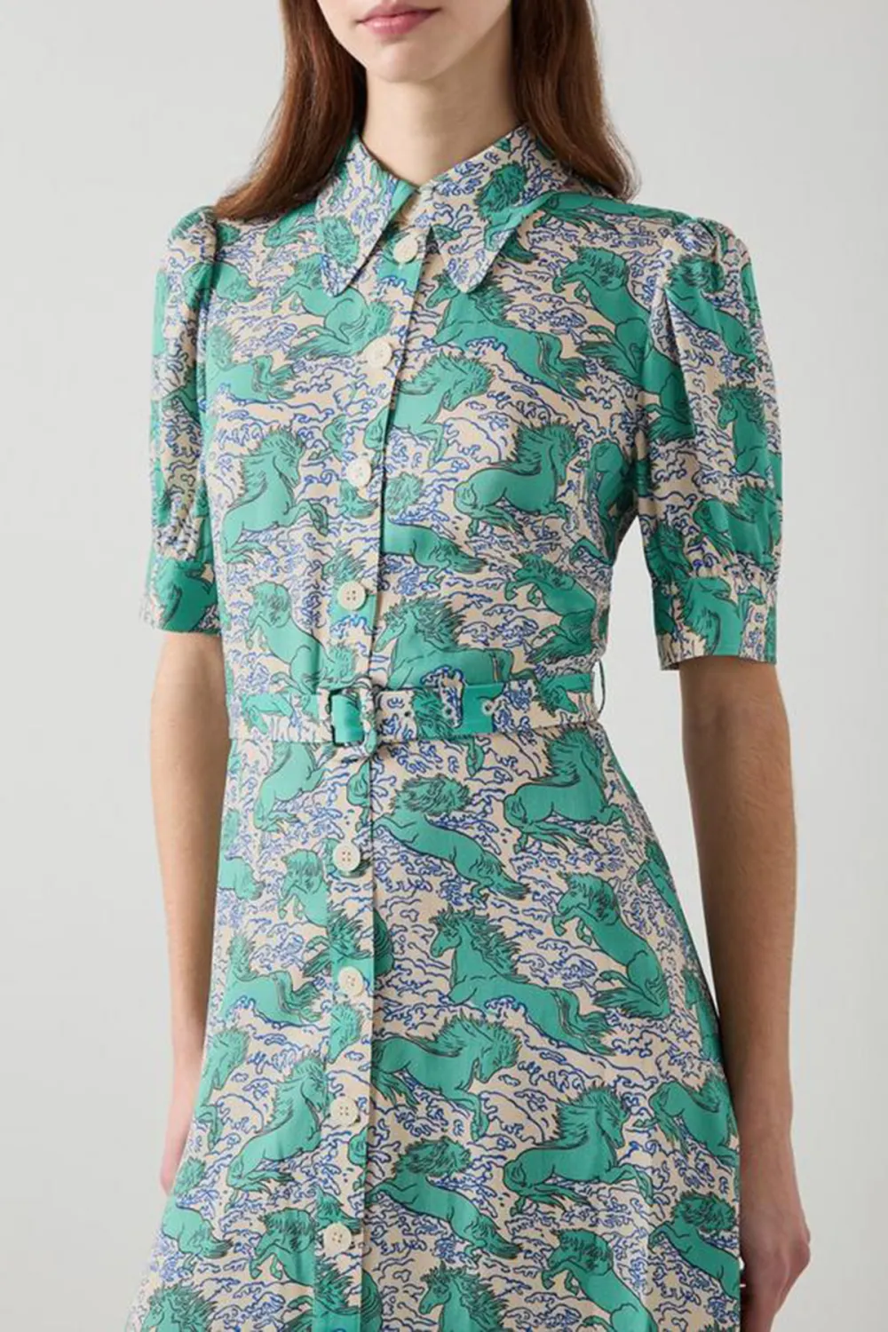 Green Floral Print Short Sleeve Midi Dress