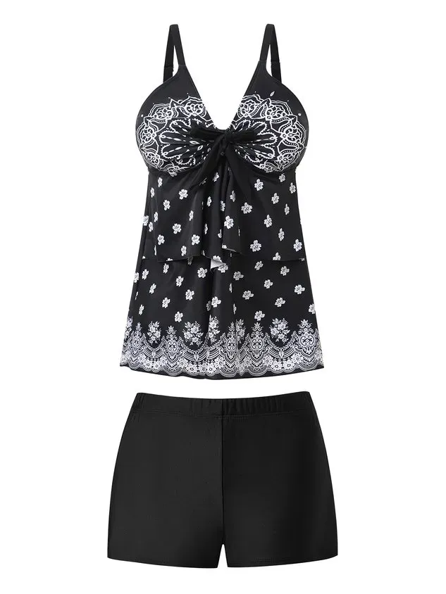 Vacation Ethnic Printing Scoop Neck Tankinis Two-Piece Set