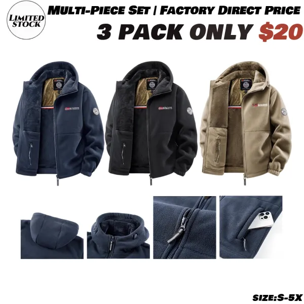Men'S Outdoor Heavyweight Fleece Jacket - Double-Sided Warm Hooded Coat With Full Zip, Multi Pockets & Machine Washable Polyester For Camping Hiking Casual Wear