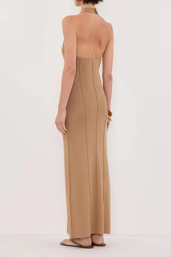 TAN HALTER KNIT MAXI DRESS