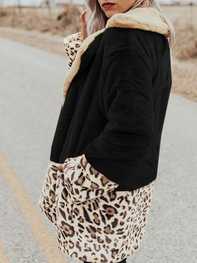 Casual Leopard-Painted Lapel Plush Thermal Long-Sleeve Coat