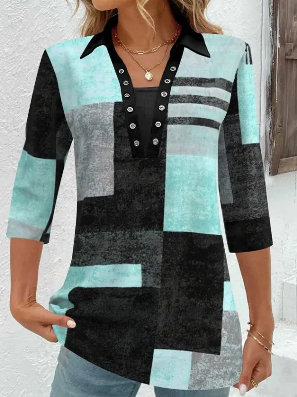 Shawl Collar Three Quarter Sleeve Abstract Graphic Regular Medium Elasticity Loose Shirt For Women