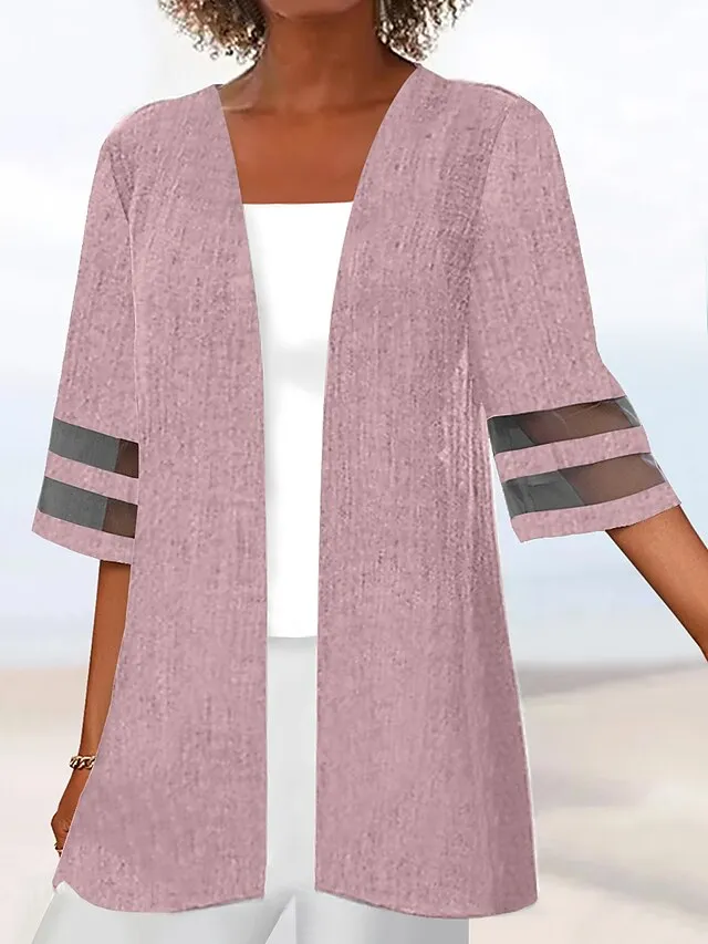 Women's Casual Jacket Clean Fit Causal Patchwork Solid Color Simple Loose Fit Outerwear 3/4 Length Sleeve Summer Black