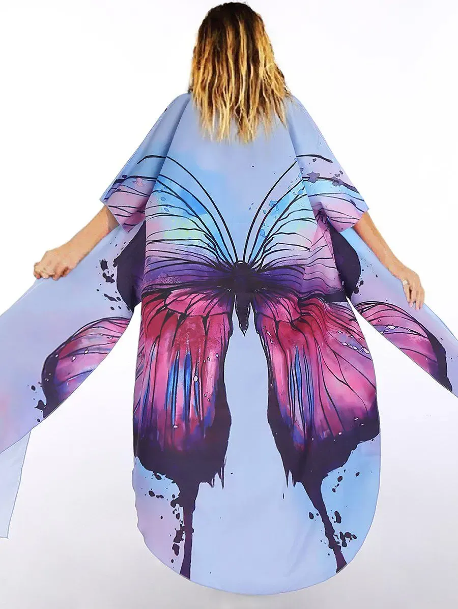 Boho Chiffon Butterfly Sheer Cover Up Longline Slit Flowy Beach Long Top