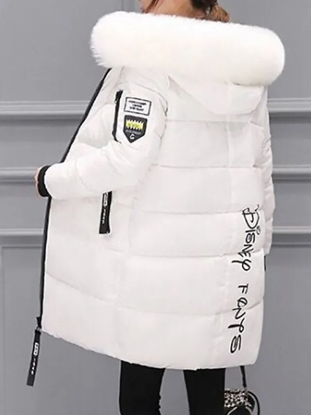 Women's Parka Long Puffer Jacket Thicken Winter Coat with Fur Collar Hood Fall Windproof Warm Overcoat with Pockets Stylish Contemporary Casual Jacket Long Sleeve Full Zip Black White Light Green