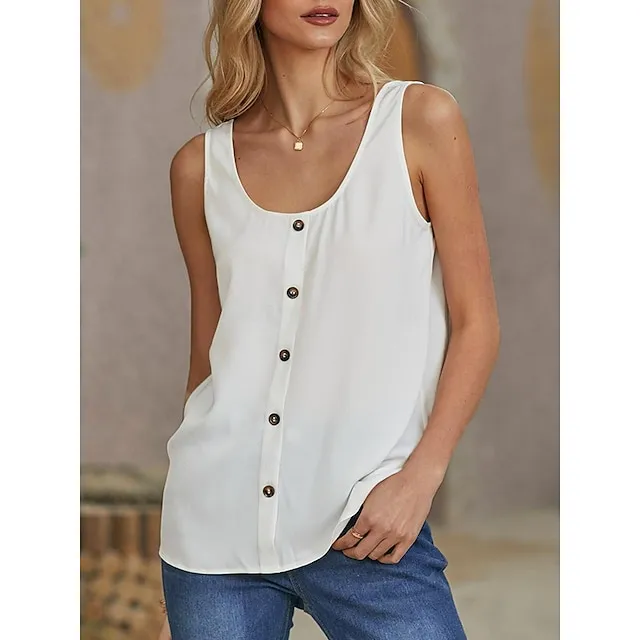 Women's ArmyGreen Black White Plain Sleeveless Daily Basic V Neck Regular S