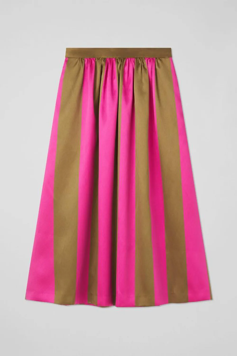 Olive & Magenta Striped Satin Midi Skirt