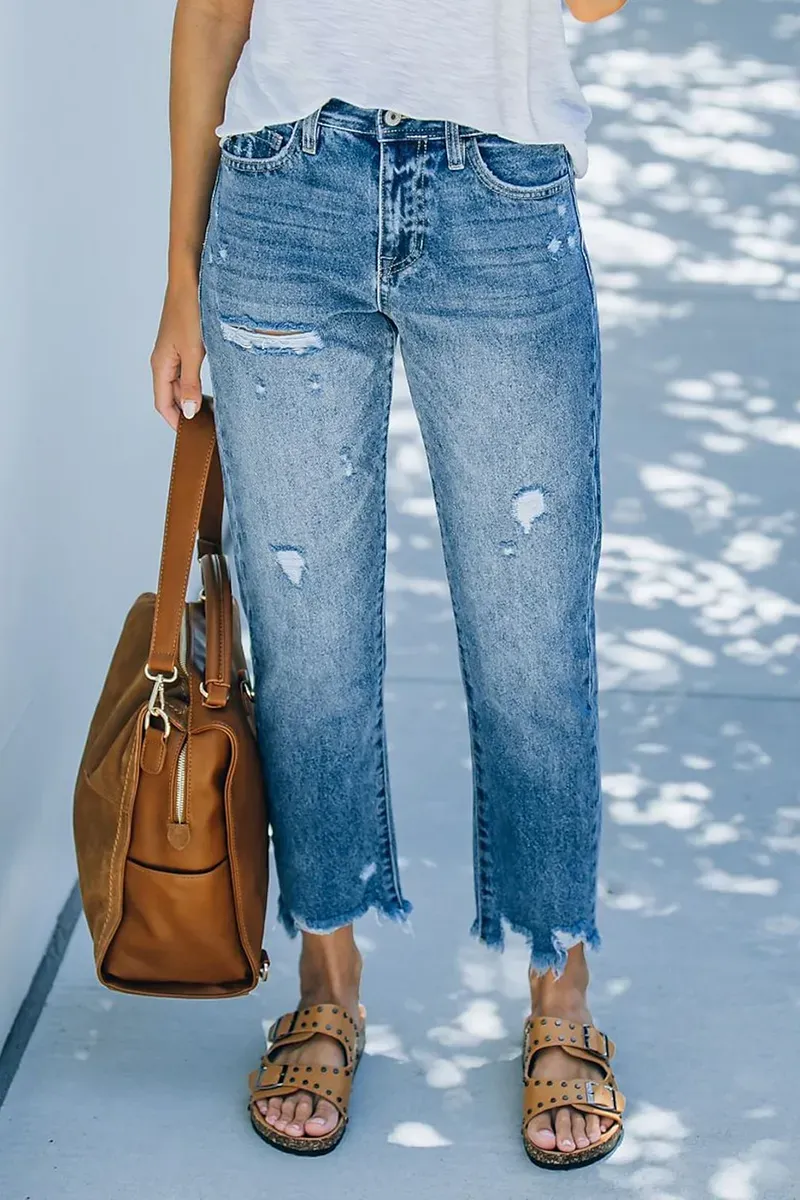 Ripped Raw Hem Zip Fly Mid Rise Straight Leg Jeans