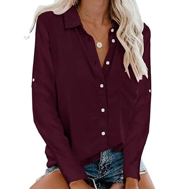 Women's Shirt Blouse Black White Wine Plain Long Sleeve Work Daily Basic Business Elegant Shirt Collar Regular Cotton Loose Fit S