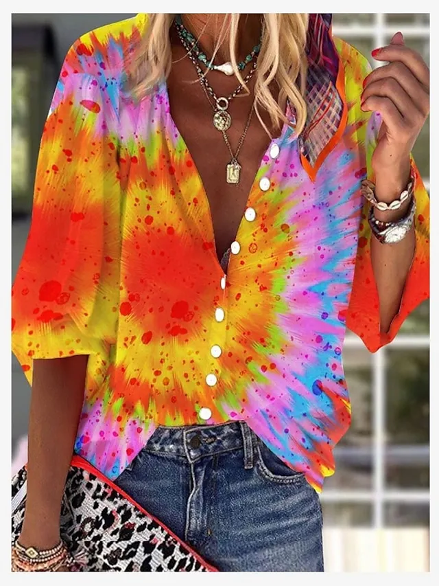 Women's Shirt Blouse Yellow Orange Graphic Button Print Long Sleeve Casual Daily Basic Neon & Bright V Neck Regular Fit Fall & Winter