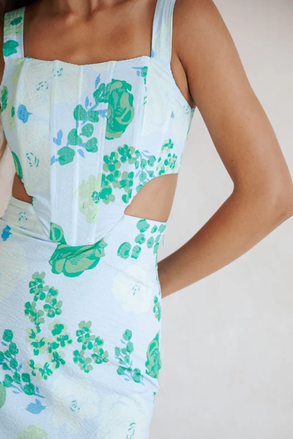 Square Neck Cut Out Floral Midi Dress