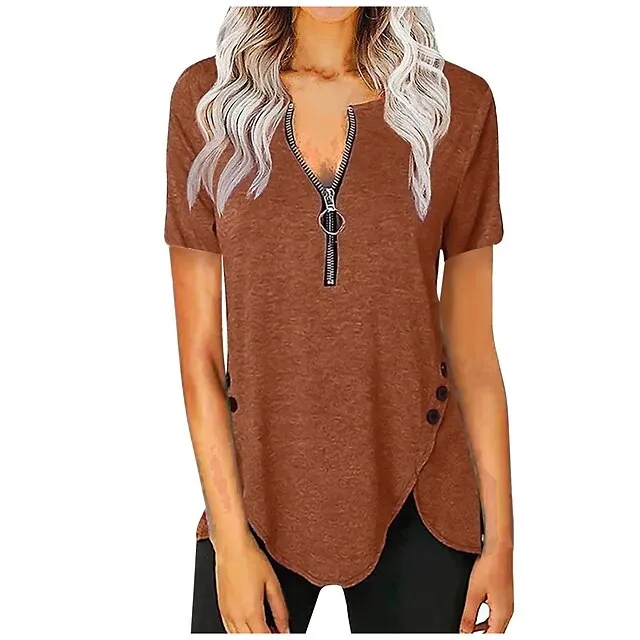 Women‘s Casual Short-Sleeved Top V-Neck Zipper Solid Color Button T-shirt Blouse