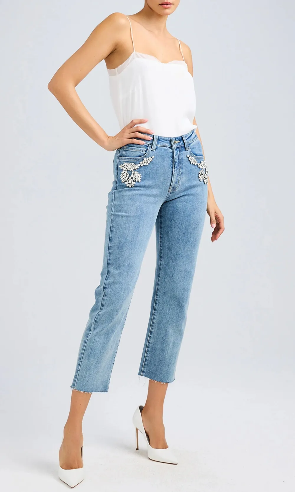 Rhinestone Detail Denim Pants
