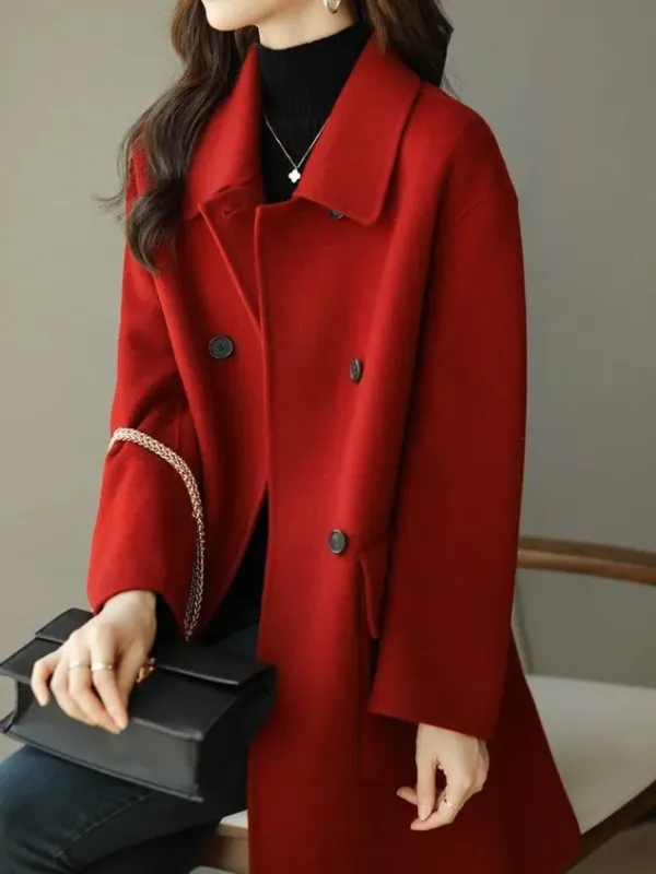 Shawl Collar Long Sleeve Plain Buckle Heavyweight Loose Coat For Women