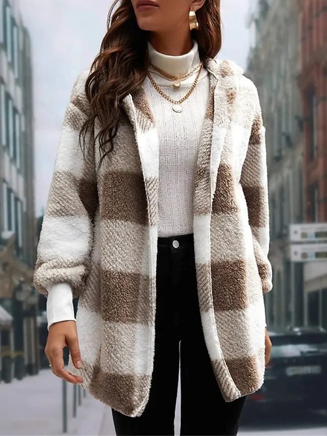 Women's Fleece Jacket Teddy Coat Hoodie Jacket Warm Breathable Street Daily Wear Vacation Going out Pocket Fleece Lined Open Front Hoodie Casual Street Style Stripes and Plaid Regular Fit Outerwear